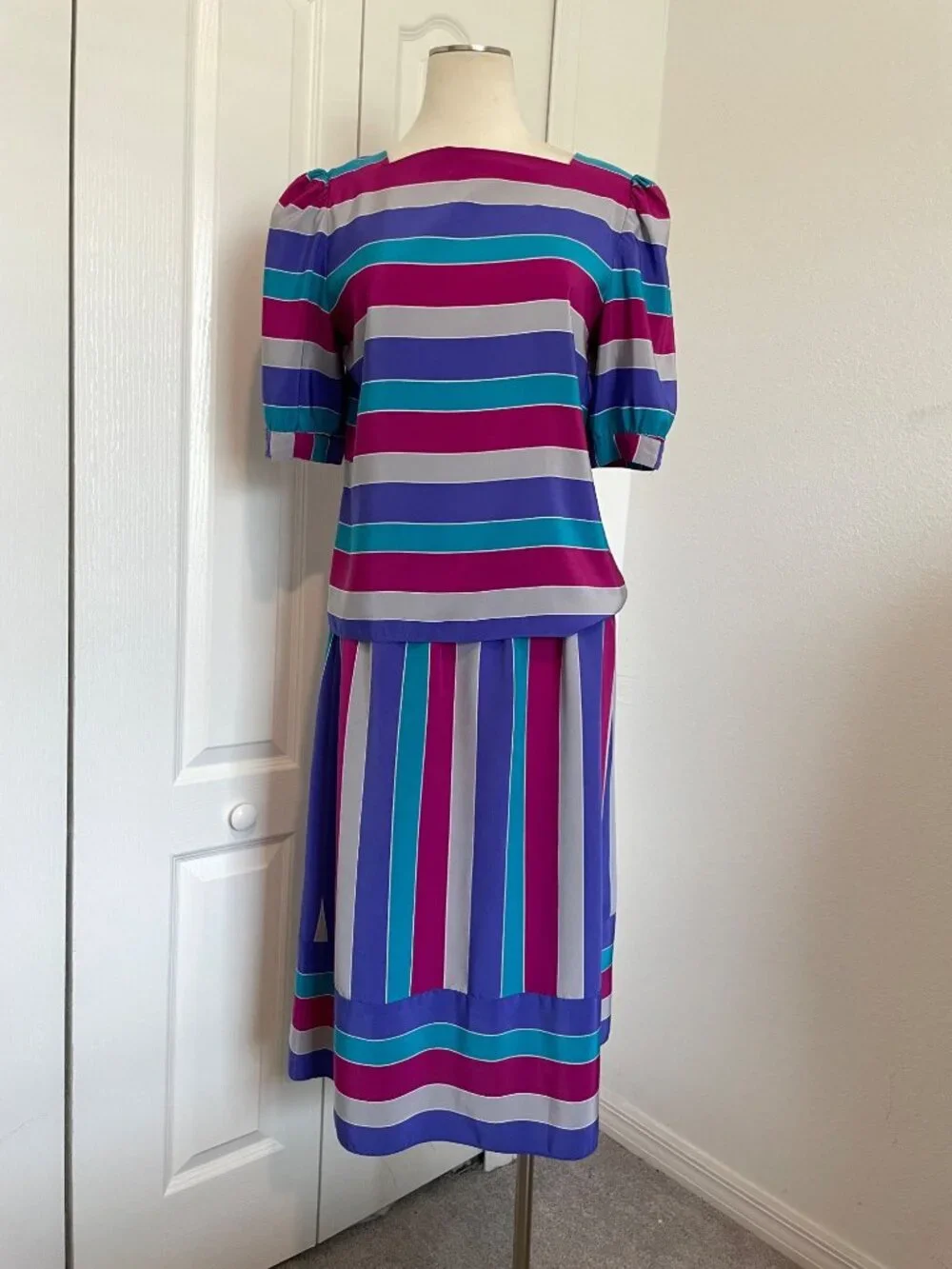 Vintage 80's SASSON High Waisted Skirt Shirt Striped 2-Piece Set Women’s 14/15